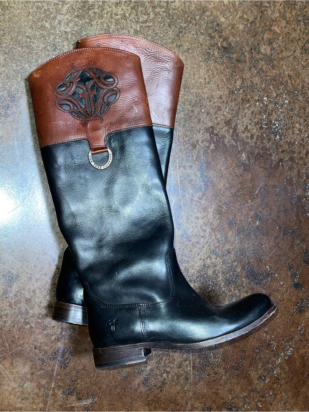 Frye Two-Tone Black and Brown Leather Women's Knee Boots